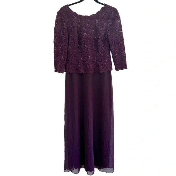 ALEX EVENINGS Sequined lace Floral 3/4 Sleeve long chiffon mock dress SZ 10P - Picture 4 of 9